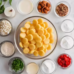 various ingredients for macaroni and cheese in small glass bowls