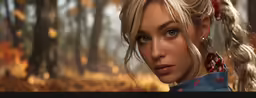 a very pretty girl standing in a wooded area