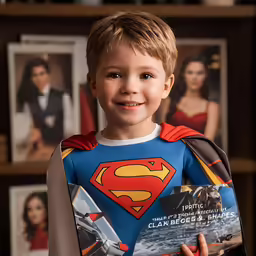 a little boy wearing superman shirt in front of wall of movies
