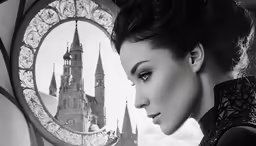 a woman standing next to a clock tower