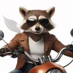 a raccoon on a motorcycle dressed in brown leather