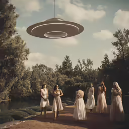 several women dressed in wedding dresses stand in front of an alien shaped object