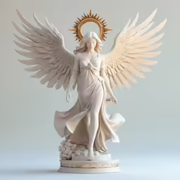 a statue of a female angel holding a golden halo