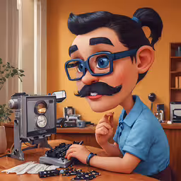 a guy with some glasses and a fake moustache on,a character is sitting at a desk in front of a camera