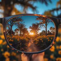 the sun is reflected in the sunglasses of the woman in front