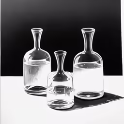 a black and white photo of glass bottles