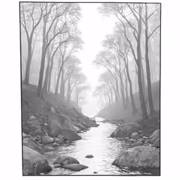 a river running through a forest filled with lots of rocks