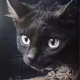 a black cat with glowing yellow eyes in dark