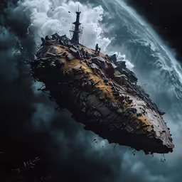 a spaceship floating through the air in front of clouds