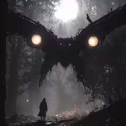 a person standing in the dark with two glowing lights