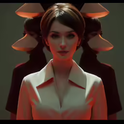 the animation depicts a woman with black hair standing in front of three guys