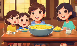 a family is sitting at the table with their food,some very cute anime people with bowls of food