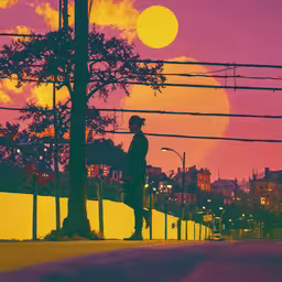 a man is standing alone at the stop sign,a person looking out at a sunset over a city