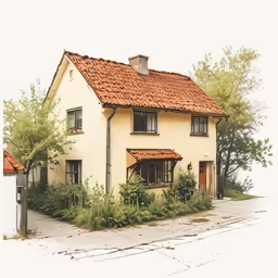 a yellow house with red roof and red roof tiles