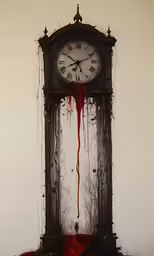 a painting of a large clock tower with red paint on it