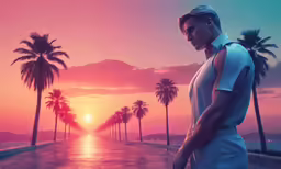 a person in an animation art style photo looking at a sunset