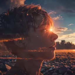 a man is standing in the rocky field as the sun sets