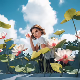 the woman is posing for a photo in the midst of a flower garden