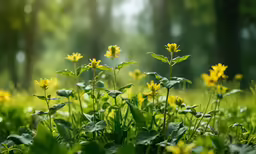 yellow flowers in green grass and trees with a blurry background