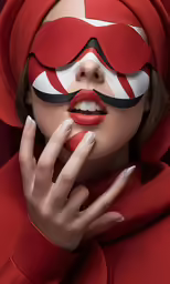 a woman wearing red and black make - up and a matching red mask