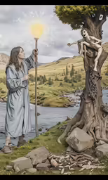a woman holds up a lite next to a tree and water