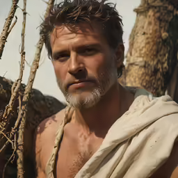 a man in the wild with no shirt is looking into camera