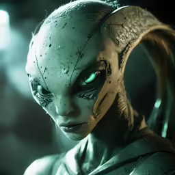 a close up of an alien woman with green eyes