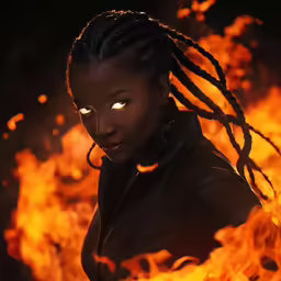 a woman wearing dreadlocks standing in front of fire
