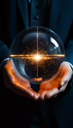 the man is holding a sphere with sparkle coming out of it