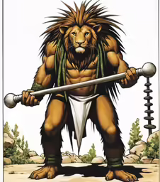 a drawing of a lion with two different swords