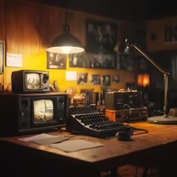 there are two televisions next to an old typewriter