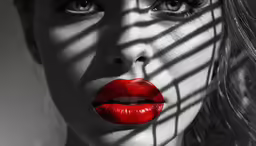 a black and white photo of a woman with red lipstick