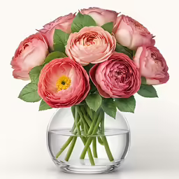 a glass bowl filled with pink and red flowers