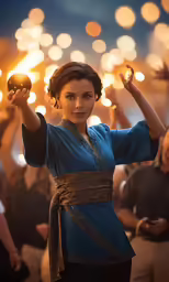 woman in blue dress holding up a metal ball with other people in background