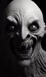 a creepy creature with eyes, mouth and tongue is looking to the side