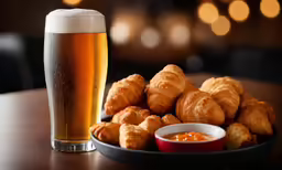 some croissants are sitting next to a glass of beer