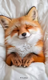 an orange and white fox laying on top of white pillows