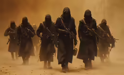 a group of armed men with guns and face masks