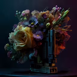 a photograph of some flowers in a vase on a table,a very big pretty colorful bouquet of flowers in a vase