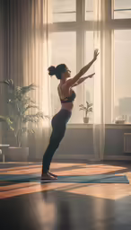 an attractive woman practicing yoga inside of a room