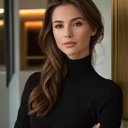 an attractive woman with a black top posing for a photo