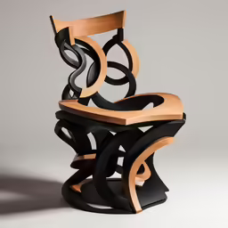 a chair made out of wood and steel with curved ends