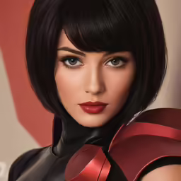 a woman with an unusual collar and red lipstick