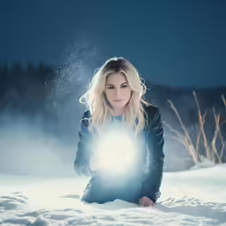 a woman holding a light on a snowy ground