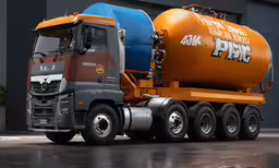 an orange and blue truck is parked outside,an orange and blue truck parked in front of a building