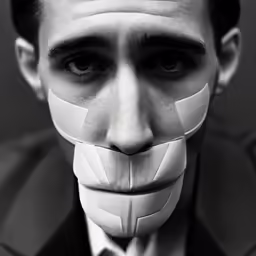 black and white photograph of a man with a paper mask