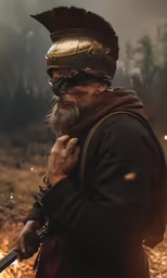 a man in armor standing next to a forest