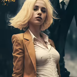 the blond haired woman is wearing an orange suit