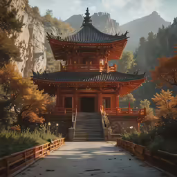the landscape features tall pagodas and many trees