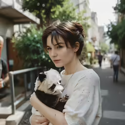 woman holding a dog on the side of a street
